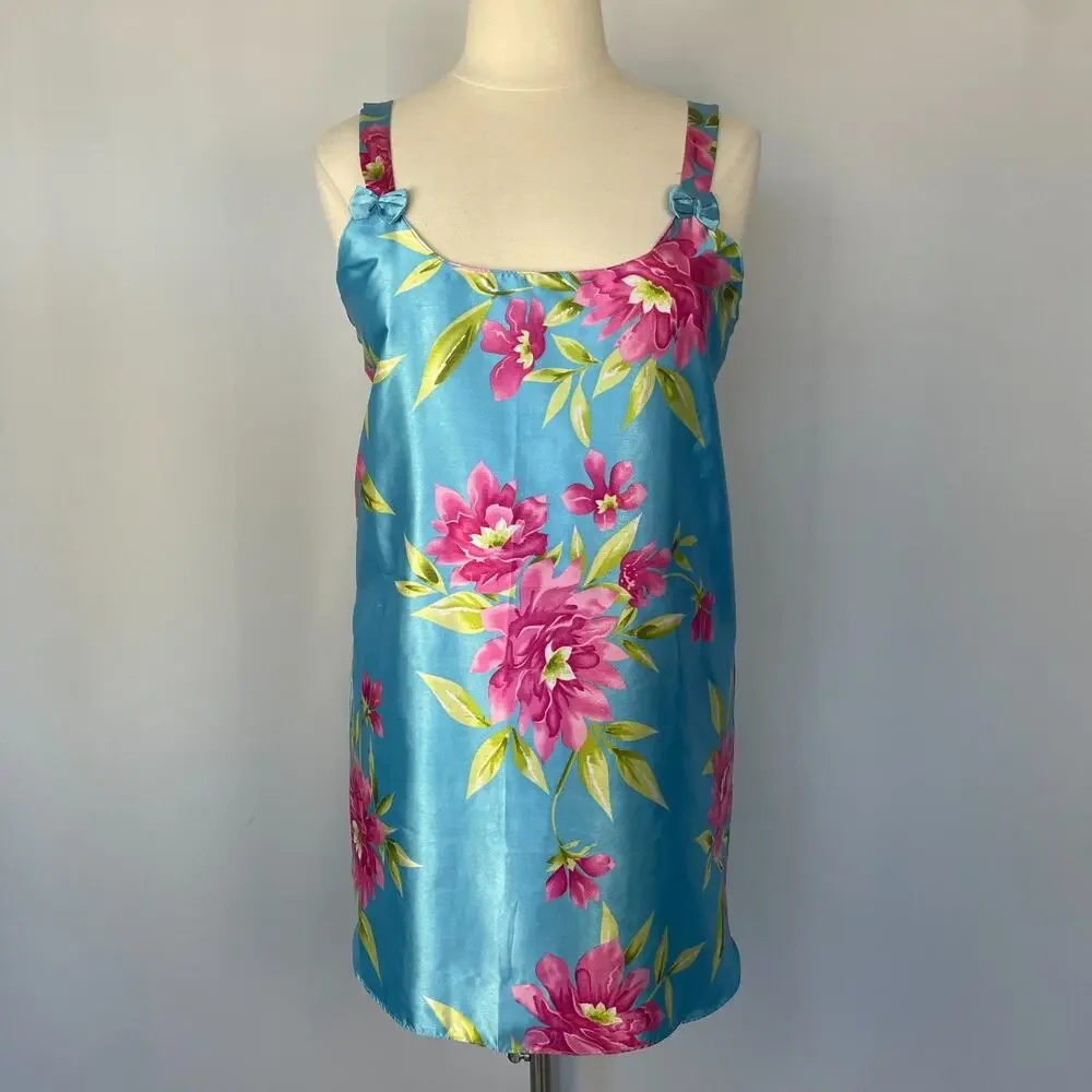 Short Slip Dress Size XL Blue Pink Floral Silky Satin Lingerie Sleep Feminine